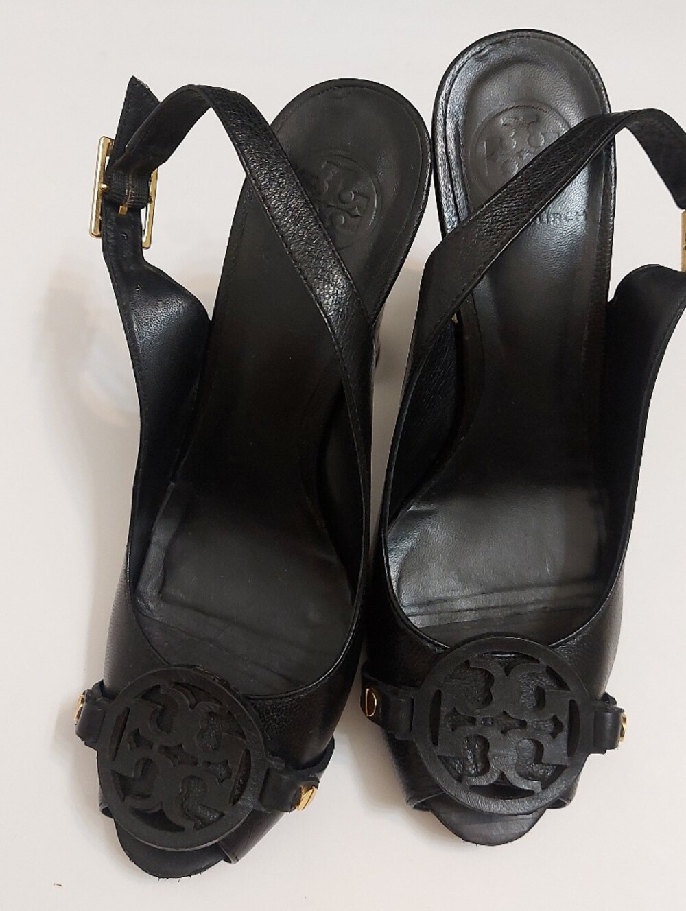 Tory Burch Black Leather Logo Slingback Heels